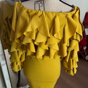 Symphony Yellow Ruffled Midi Dress with Bell Sleeves